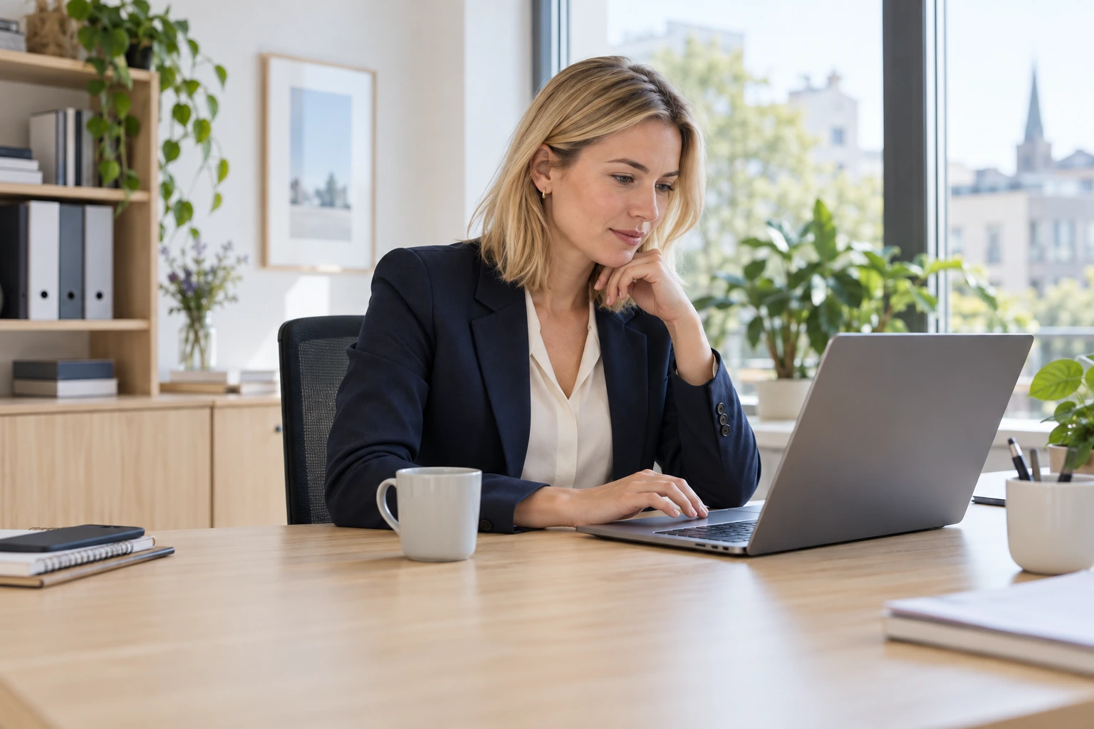 Inhaberin prüft einen Entwurf am Laptop, bevor sie ihn freigibt