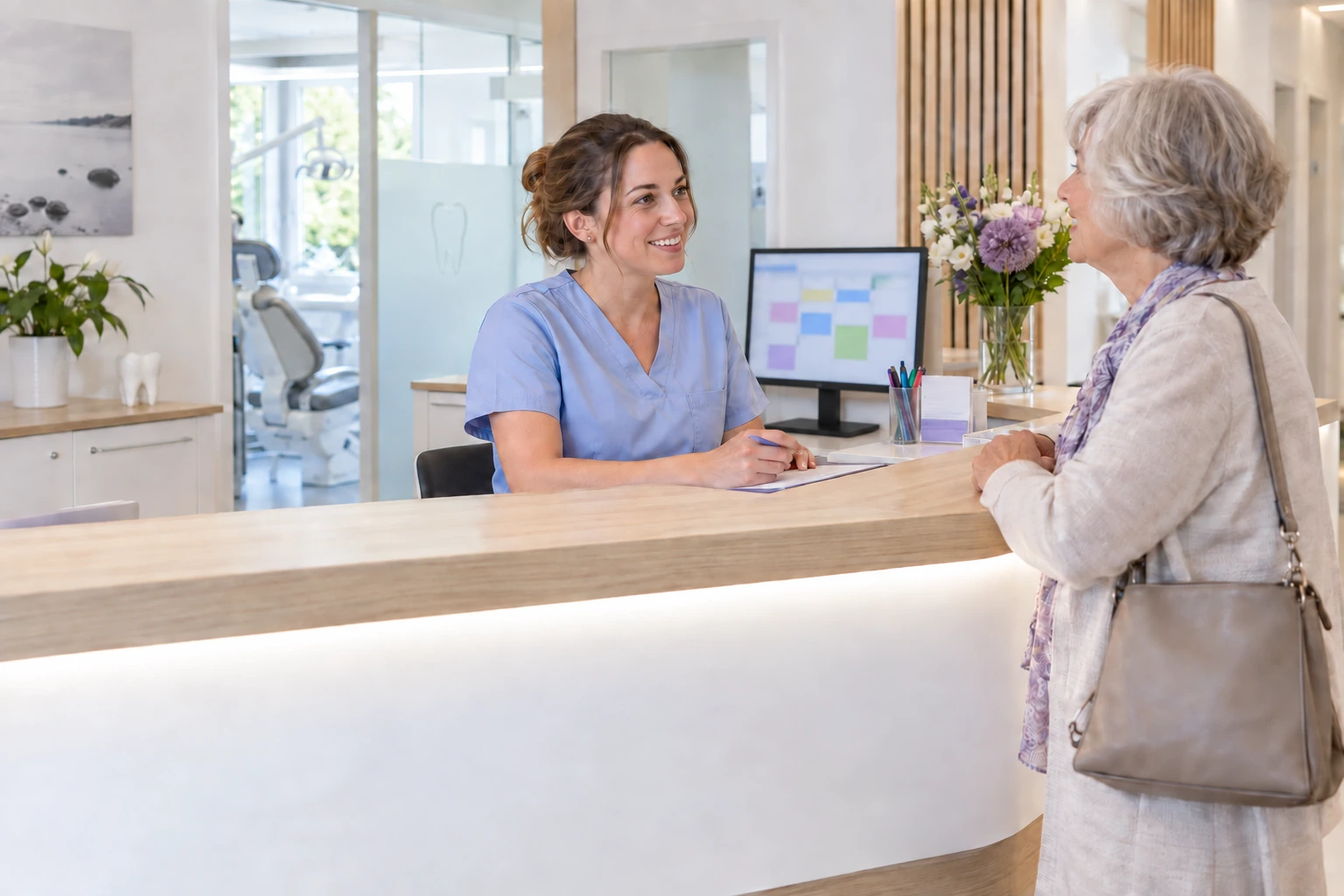 Empfang einer Zahnarztpraxis: Mitarbeiterin im Gespräch mit einer Patientin