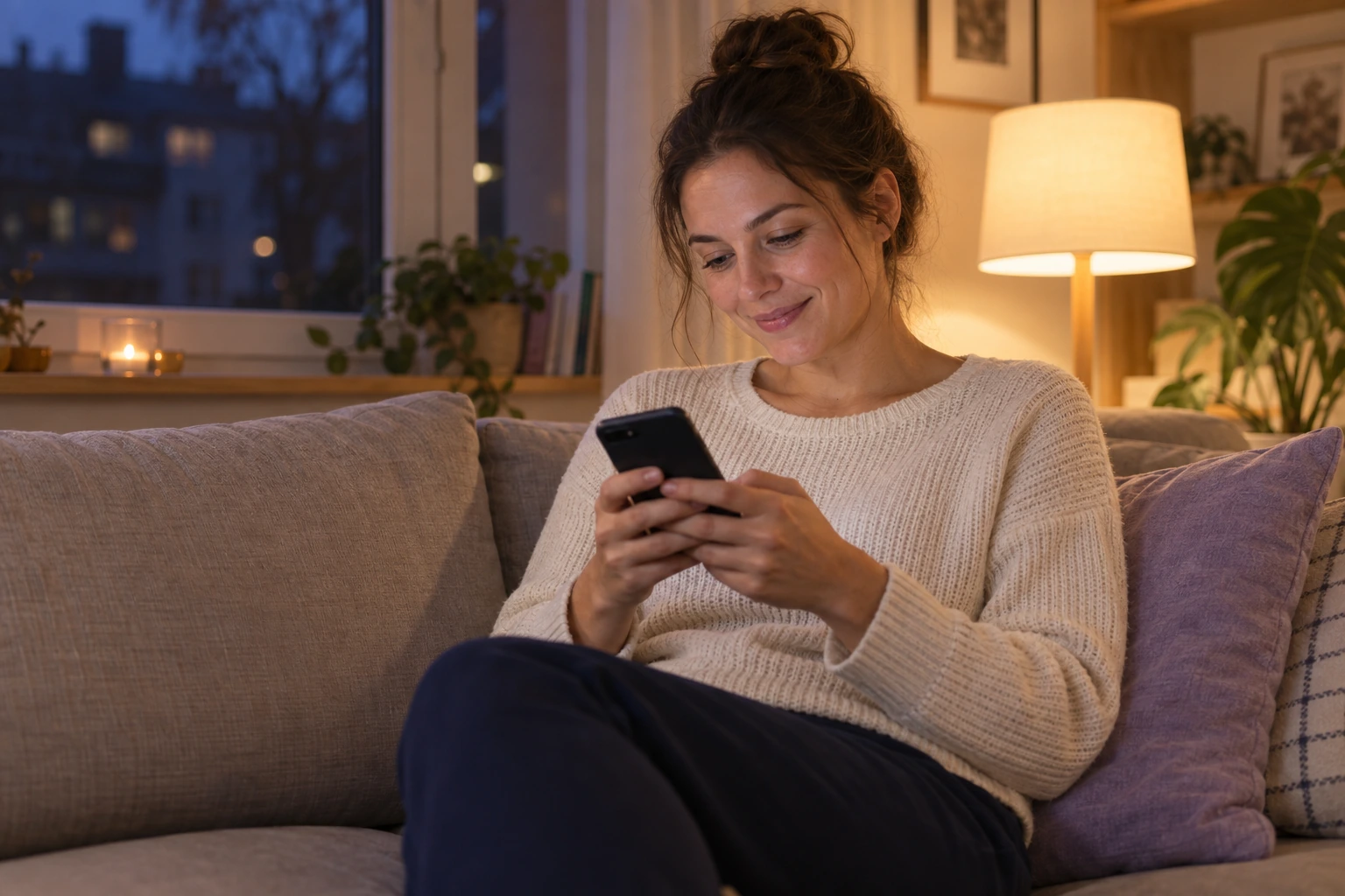 Kundin auf dem Sofa bekommt am Smartphone eine schnelle Antwort