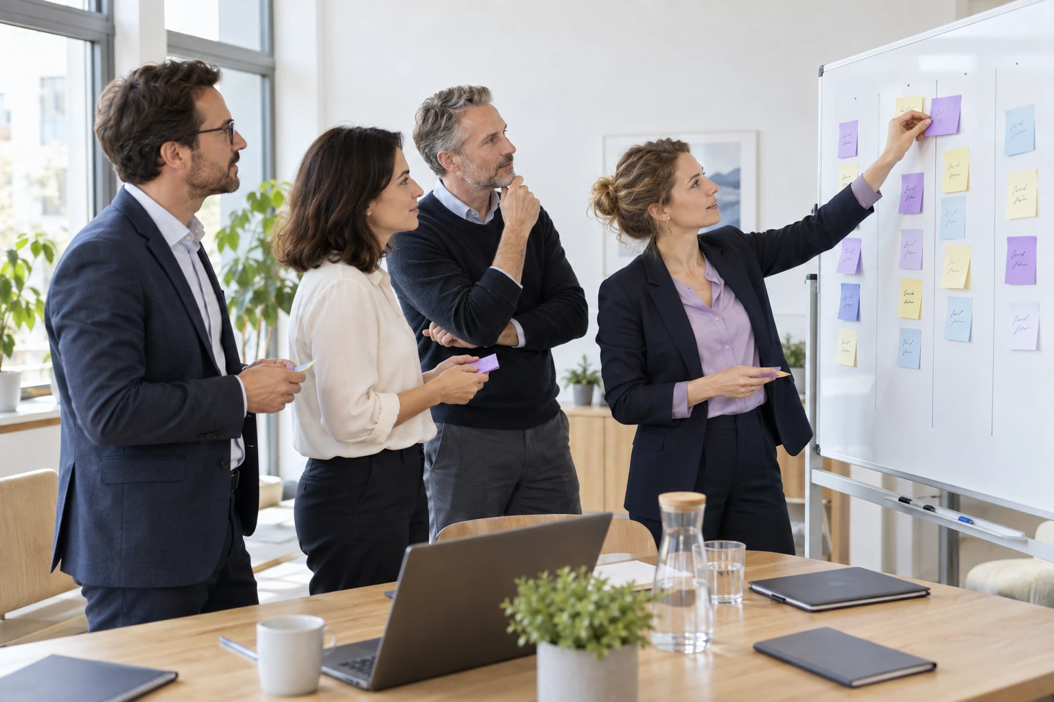 Team sortiert Haftnotizen an einem Whiteboard nach Priorität