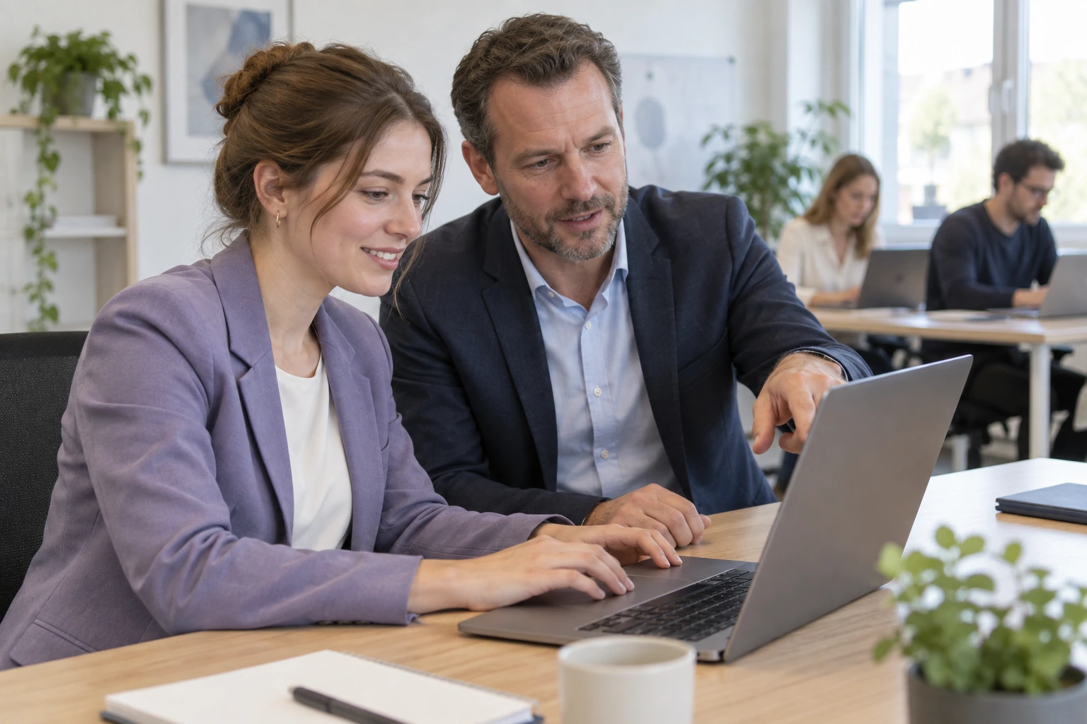 Trainer zeigt einer Mitarbeiterin am Laptop die Arbeit mit KI