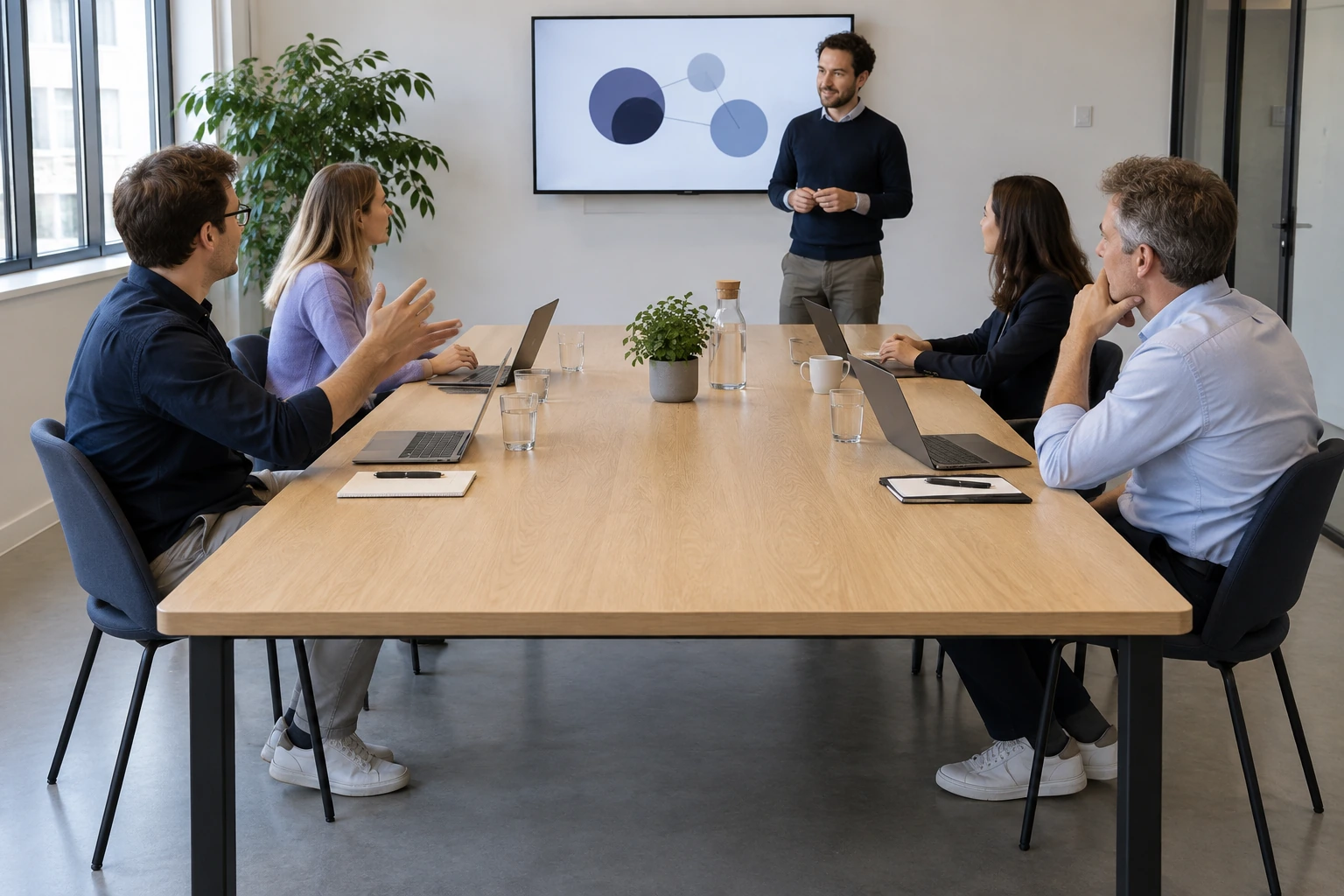 KI-Training in einem kleinen Unternehmen: Teilnehmende mit Laptops, Trainer am Bildschirm